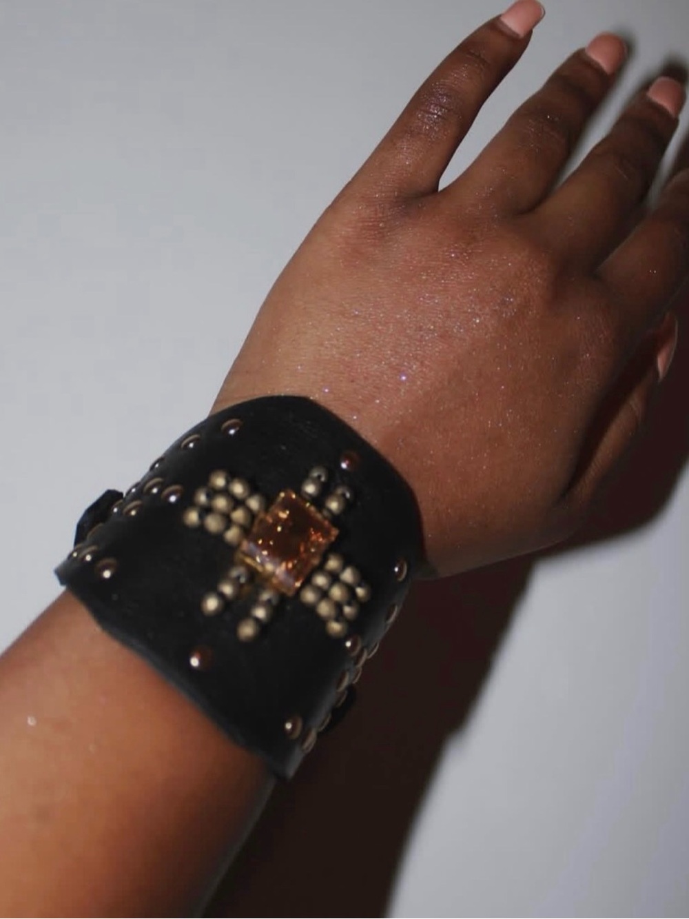 Black Studded Leather Fashion Cuff Bracelet with Amber Gem